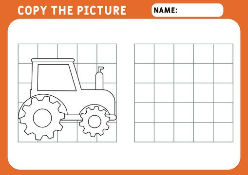 Coloring Funny little tractor. Educational Game for Kids. Copy the picture.  Illustration and vector outline - A4 paper ready to print. Preschool worksheet.