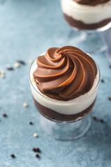 A dark chocolate mousse with white chocolate mousse dessert in a glass with milk chocolate decoration on top