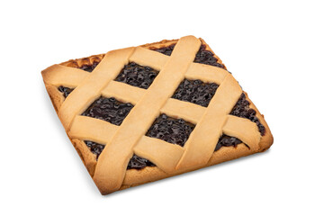 Square jam tart, pie crostata isolated on white