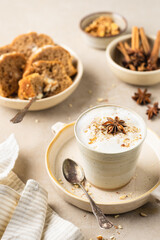 cup of coffee with milk and chocolate, carrot cake