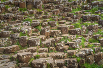 Closeup on hexagonal rock formation, basalt tiles in Giants Causeway, Wild Atlantic Way and UNESCO...
