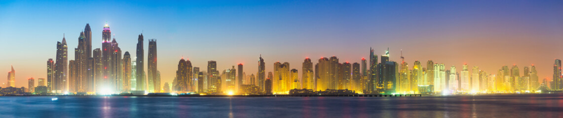 Dubai Marina panorama at dawn. United Arab Emirates