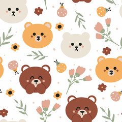 cute seamless pattern with cute cartoon of bear and flowers. for fabric print, kids wallpaper