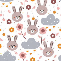 cute seamless pattern with cute cartoon of bunny and flowers. for fabric print, kids wallpaper
