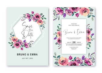 Set wedding invitation template with purple rose watercolor