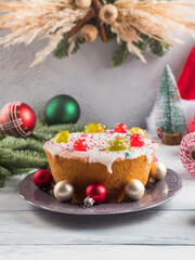 Artisanal Italian christmas cake with sweet decor and xmas ornament