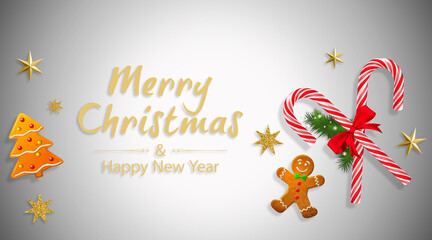 Fototapeta na wymiar Beautiful Christmas card with sweets and gingerbread man. Merry Christmas.