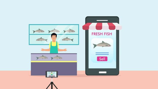 Man selling online fishes on mobile phone apps