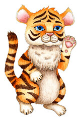 Watercolor painting of a cartoon tiger cub standing with a raised pack. The symbol of the Chinese New Year, Christmas. Winter childrens illustration. Isolated over white background.