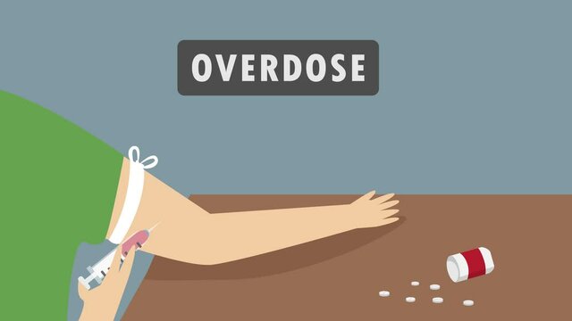 Junkie hands injecting cocaine with overdose word
