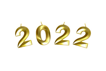 Happy New Year. Candles in the form of shiny golden numbers 2022 on a white background. Holidays concept. Flat lay, top view, copy space