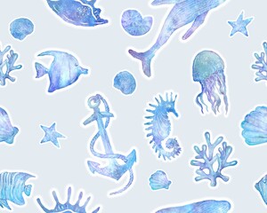 Seamless watercolor background inhabitants of the deep sea, baby wallpaper