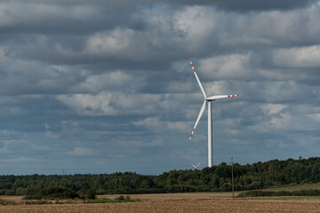 Ecological wind farm. Windmills that produce electricity. Renewable energy sources.