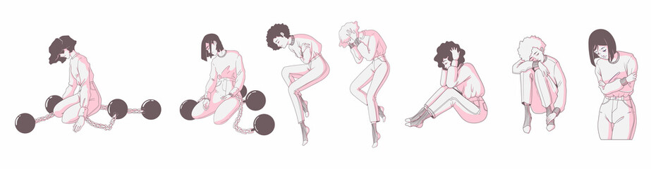 Young women with mental disorders. Hand drawn vector illustration of girls with depression and burnout in cartoon style. Theme of frustration, depression, psychotherapy. Mental health concept.