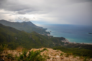 Summer Budva riviera coastline panorama landscape in Montenegro. View from the top of the mountain road.