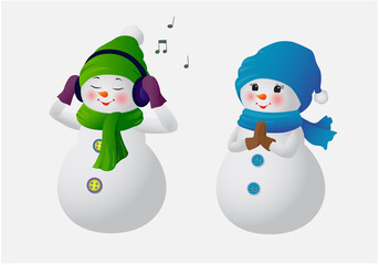 Set cute snowmen. Cute cartoon Christmas snowmen. Characters snowmen in hats and mittens. Winter hits. Character in headphones. 