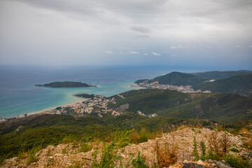 Fototapeta premium Summer Budva riviera coastline panorama landscape in Montenegro. View from the top of the mountain road.