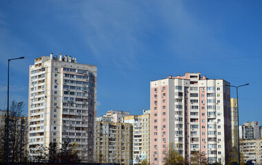 Fototapeta na wymiar Modern residential area in Kiev. Exterior. Streets,buildings.