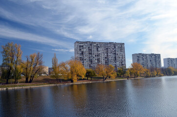 Fototapeta na wymiar Modern residential area in Kiev. Exterior. Streets,buildings.