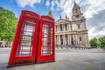 Red Telephone and St Pauls Cathedral in London. England