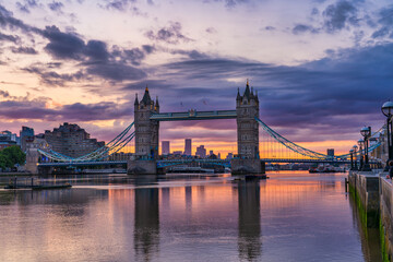 Tower Bridge at colourful sunrise in London. England