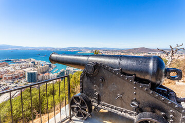 Old heavy cannon pointed towards Spain and the city downtown, Gibraltar