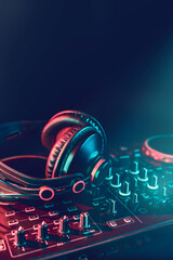 DJ remote control and headphones. Digital multimedia composition gadget
