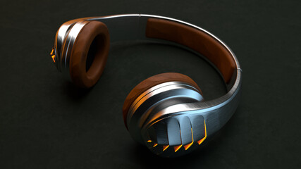 3D Illustration of Aluminum Dieselpunk Headphones with Leather Ear Pads