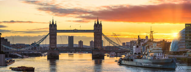 Panorama of Tower Bridge in London at sunrise