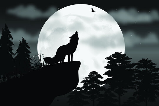 cute wolf and moon silhouette
