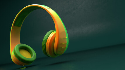 3D Illustration of Yellow Green Wireless Plastic Headphones on a Dark Green background 