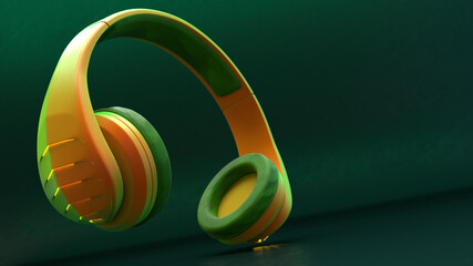 3D Illustration of Yellow Green Wireless Plastic Headphones on a Dark Green background 