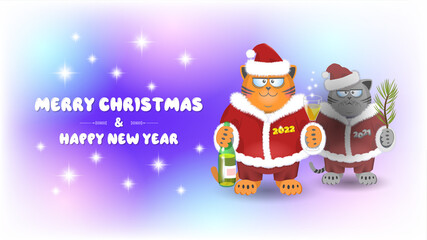 Merry Christmas and Happy New Year. Bright greeting card with a fat cheerful ginger puss with the numbers 2022 and a dark sad cat 2021. Bottle and glass of champagne. A withered branch of a spruce