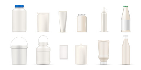 Realistic packaging blank mayonnaise set vector illustration doypack, glass bottle, plastic basket
