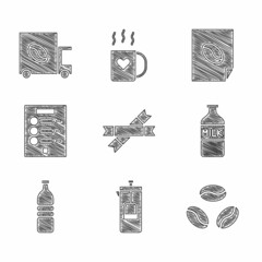 Set Sugar stick packets, French press, Coffee beans, Bottle with milk, water, menu, poster and street truck machine icon. Vector
