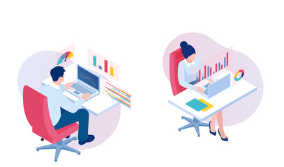 Fototapeta premium Vector of a man and a woman working on laptop interacting with graphs analysing financial data