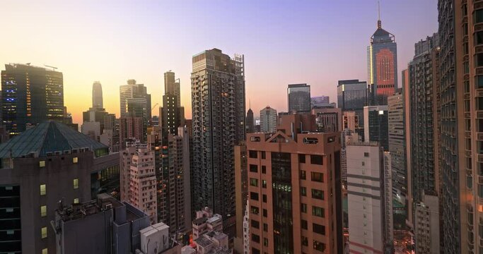 High buildings of Hong Kong downtown at sunset