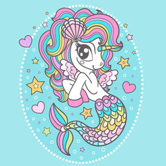 Cute white seahorse unicorn with rainbow mane. For children's design prints, posters, postcards, stickers, cards, etc. Vector