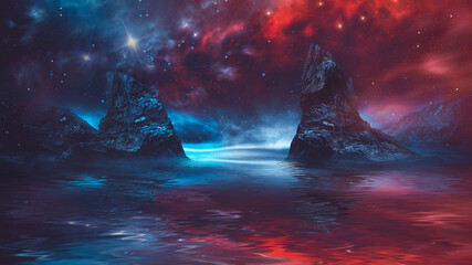 Futuristic fantasy night landscape with abstract landscape and island, moonlight, radiance, neon. Dark natural scene with light reflection in water. Neon space galaxy portal. 3D illustration. 