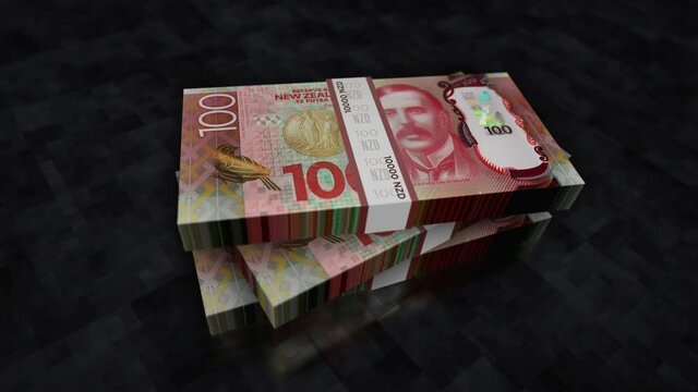New Zealand Dollar money pile pack. Concept background of economy, banking, business, crisis, recession, debt and finance. 100 NZD banknotes stacks animation.