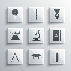 Set Graduation cap, Marker pen, Spiral notebook, Microscope, Drawing compass, Light rays prism, bulb with concept of idea and Fountain nib icon. Vector