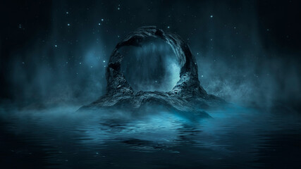 Underwater fantasy world. Futuristic fantasy night landscape with abstract landscape and island, moonlight, neon. Dark natural scene with light reflection in water. Neon space galaxy portal. 3D  © MiaStendal