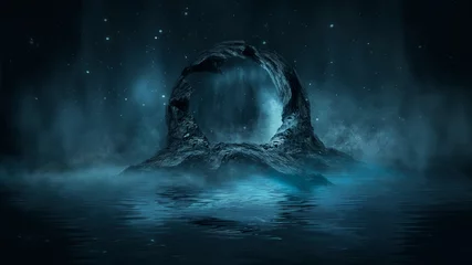 Poster Paysage fantastique Monde fantastique sous-marin. Paysage de nuit fantastique futuriste avec paysage abstrait et île, clair de lune, néon. Scène naturelle sombre avec réflexion de la lumière dans l& 39 eau. Portail de la galaxie spatiale au néon. 3D