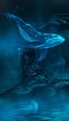 Underwater fantasy world. The dark bottom of the ocean, the abyss. Underwater rocks and tunnels. Underwater landscape. Neon sea jellyfish at the bottom of the sea. Dark natural marine background. 3D 