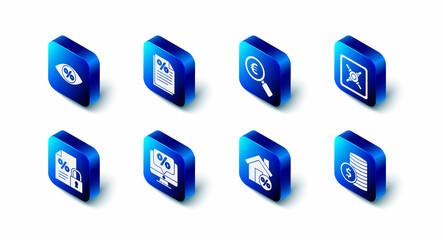 Set Finance document, Magnifying glass and euro, Safe, Coin money with dollar, House percant discount, Percent monitor, lock and Eye percent icon. Vector