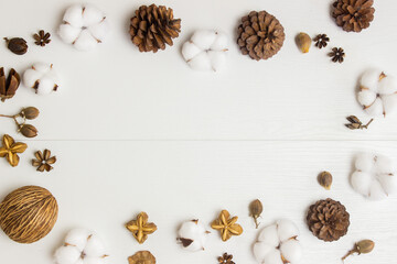 A frame with nature cotton flowers. nuts. pines. and seeds over the white wooden table. 