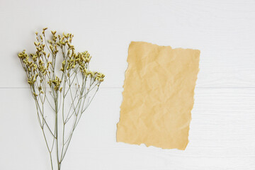 Little yellow flowers with vintage letter over the white wooden background.
