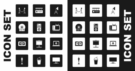 Set Movie spotlight, Remote control, CD or DVD disk, Rope barrier, Retro tv, clapper, Online play video and VHS cassette tape icon. Vector