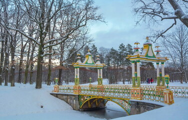 Blue winter evening in Alexander Park in Tsarskoe Selo in St. Petersburg