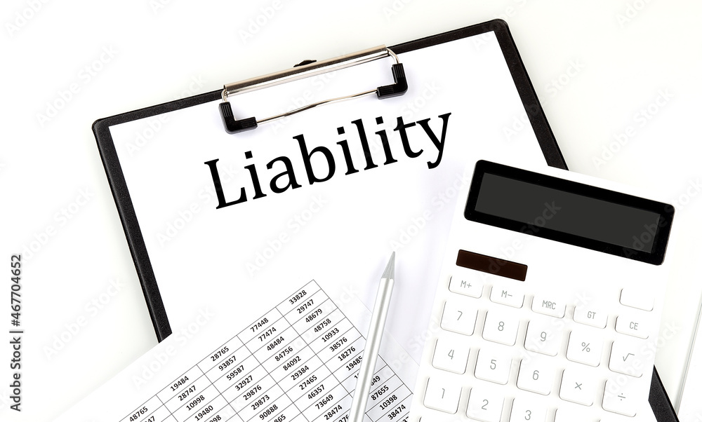 Poster liability text on folder with chart and calculator on white background